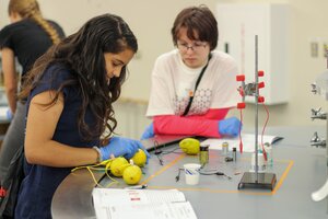 A graduate student leads a middle school student in a chemistry activity during the 2019 Day Camp for middle schoolers.