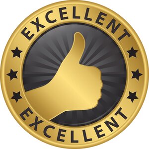 gold, black and white illustration of a thumbs up with the word "Excellent."